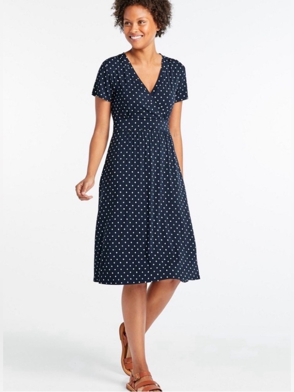 L.L. Bean MP Short-Sleeve Navy Blue Polka Dot Knit Dress